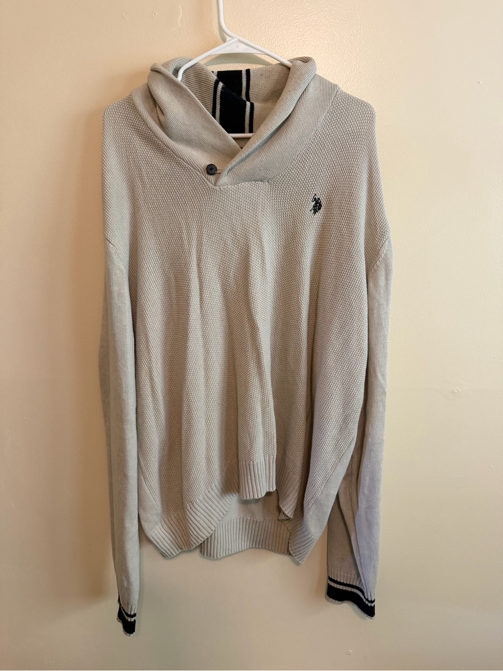U.S. Polo Assn. Men's V-Neck Shawl Collar Sweater - Light Beige with Navy Trim